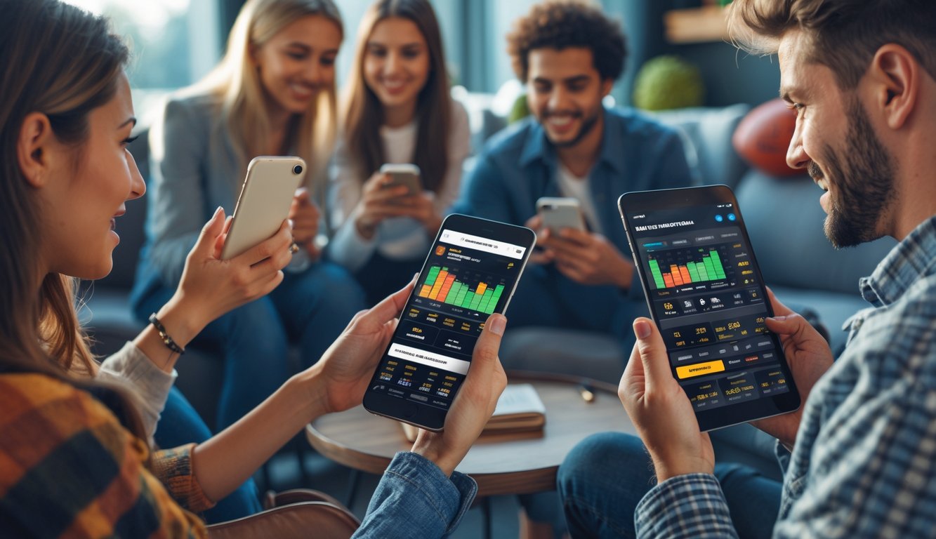 Beberapa orang muda menggunakan ponsel dan tablet untuk taruhan olahraga di tempat yang nyaman.