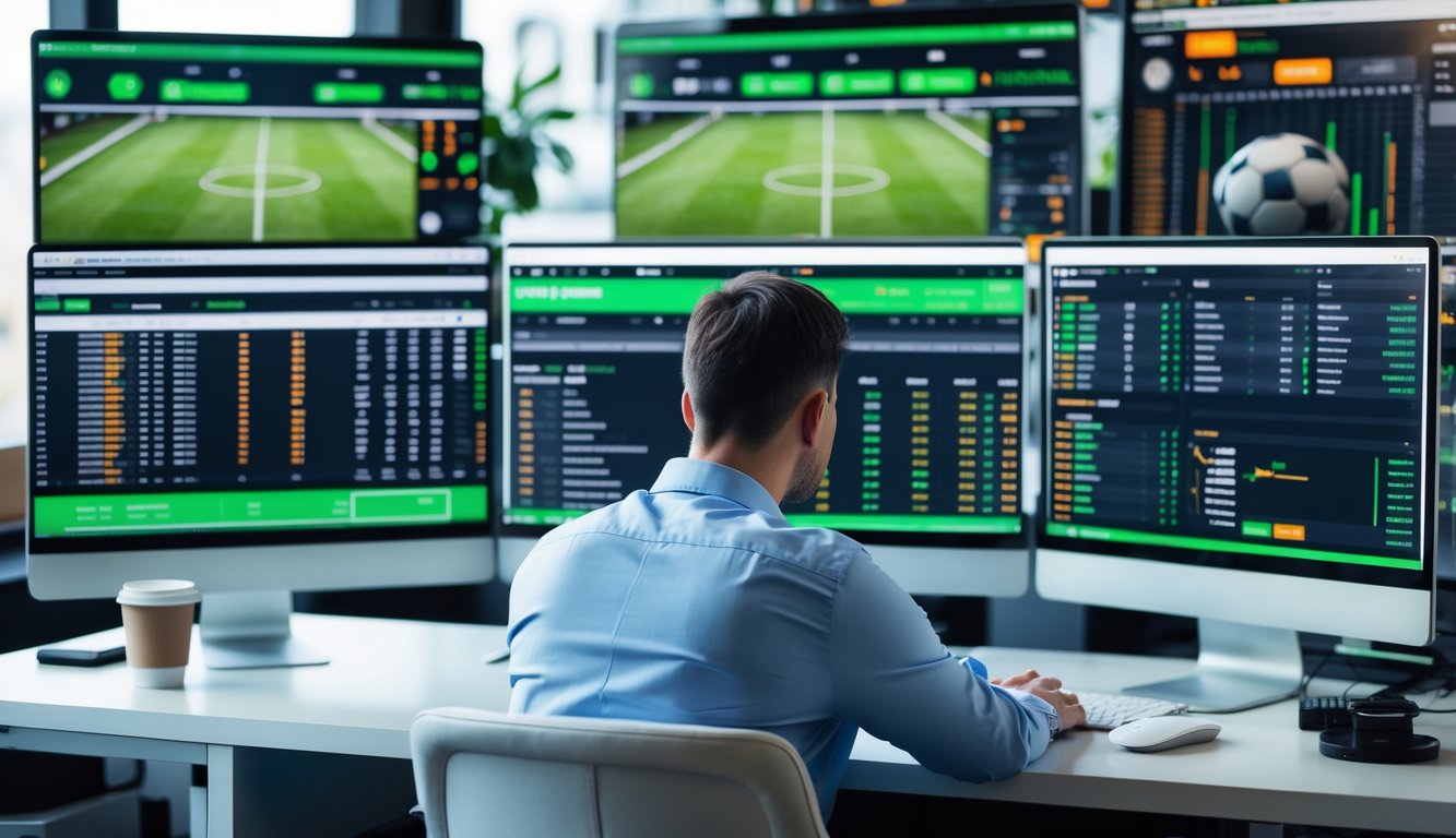 Seorang pria sedang menganalisis statistik olahraga lengkap di depan beberapa layar komputer di ruang kerja modern.