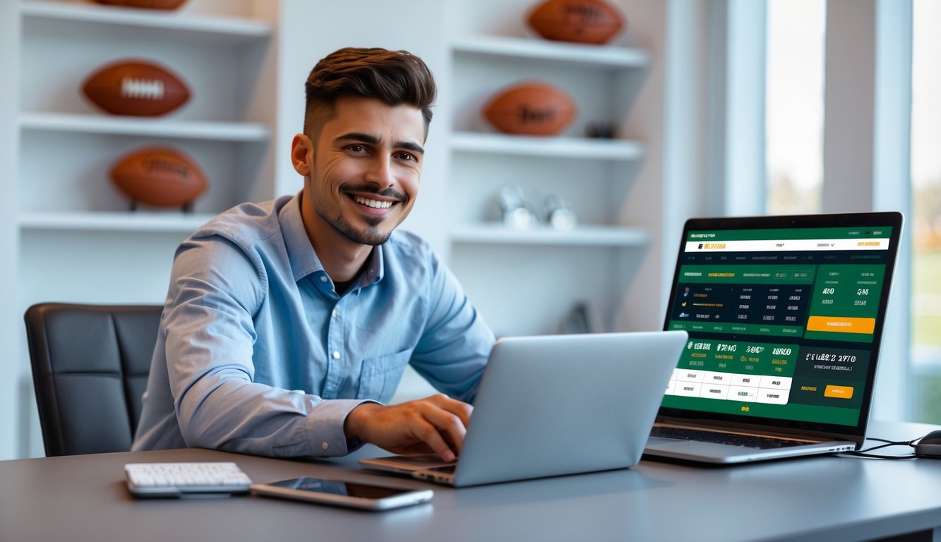 Seorang dewasa muda duduk di meja dengan laptop dan ponsel yang menampilkan antarmuka taruhan olahraga, terlihat percaya diri dan puas.