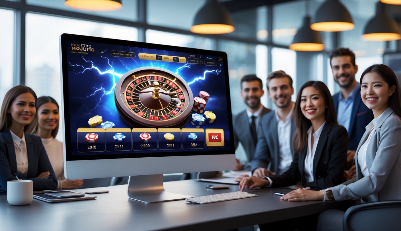 Sekelompok orang muda yang percaya diri bermain permainan roulette petir di komputer dalam ruangan kantor yang terang dan modern.