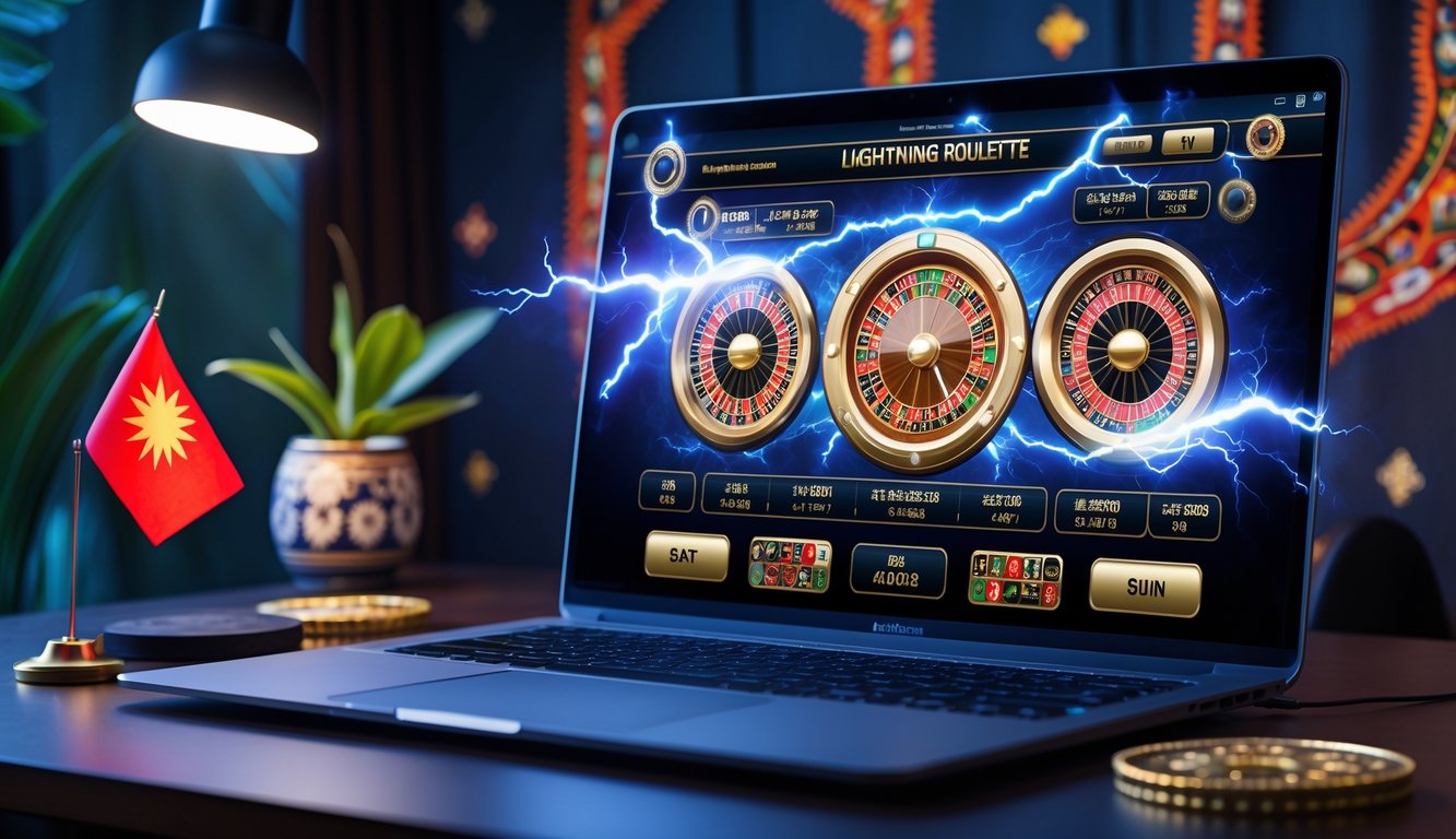 Sebuah meja dengan komputer yang menampilkan permainan Lightning Roulette online dengan efek petir dan roda roulette yang menyala, dikelilingi elemen budaya Indonesia.