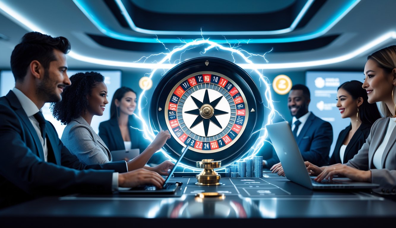 Orang-orang bermain roulette online dengan suasana yang aman dan terpercaya, dikelilingi efek petir yang menyala di roda roulette.