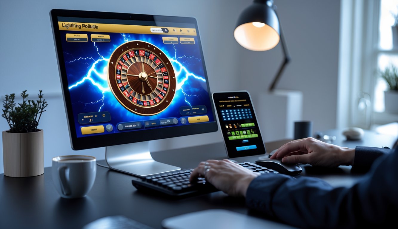Seorang pengguna sedang bermain Lightning Roulette online di komputer dengan tampilan roda roulette digital dan suasana ruangan yang rapi.
