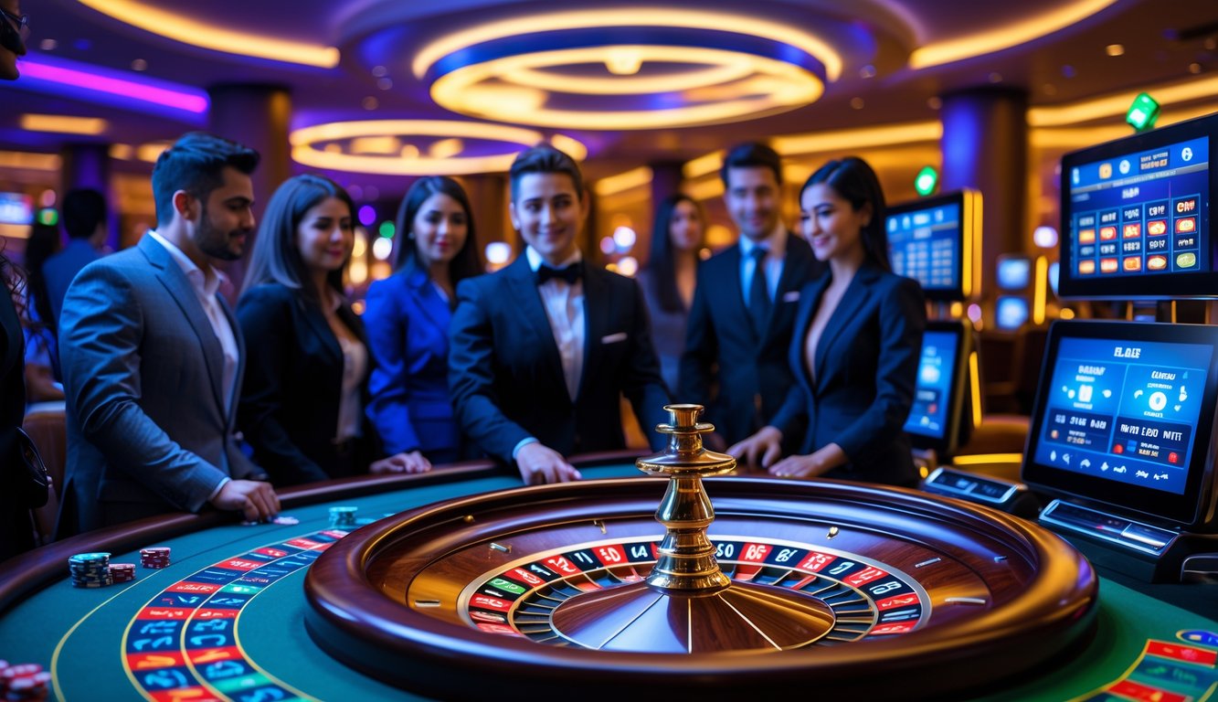 Suasana kasino langsung dengan meja roulette dan pemain serta dealer yang sedang bermain dengan teknologi canggih.
