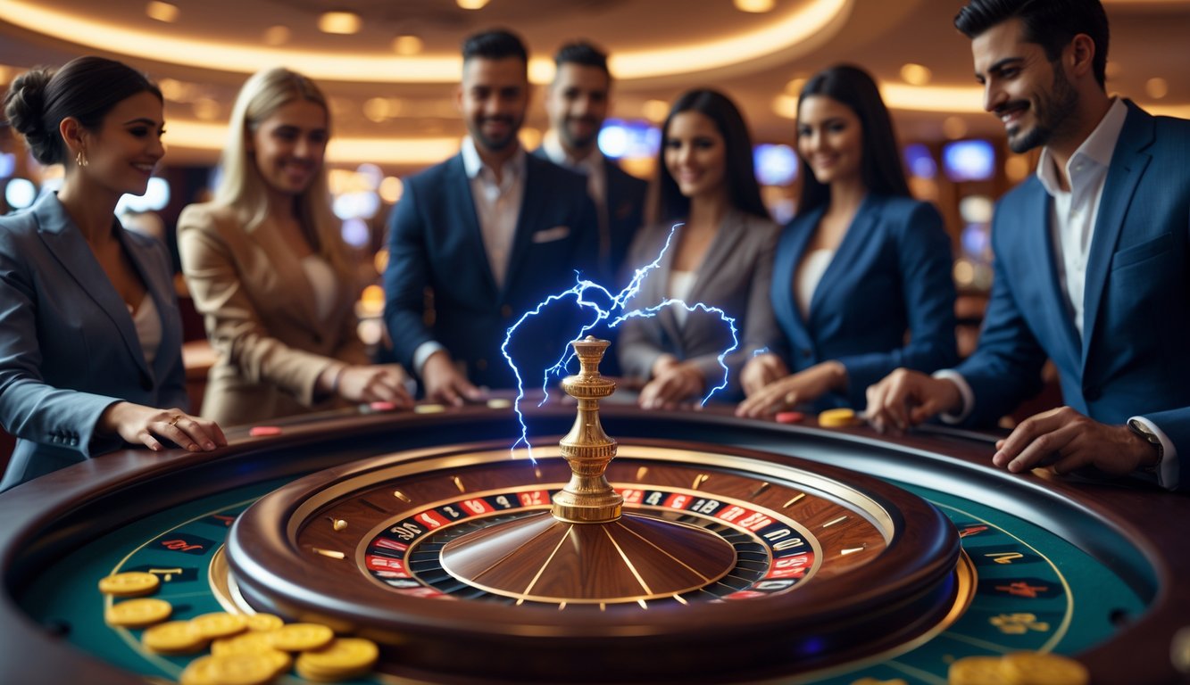 Meja roulette dengan roda berputar dan efek petir, dikelilingi oleh pemain yang antusias di kasino.