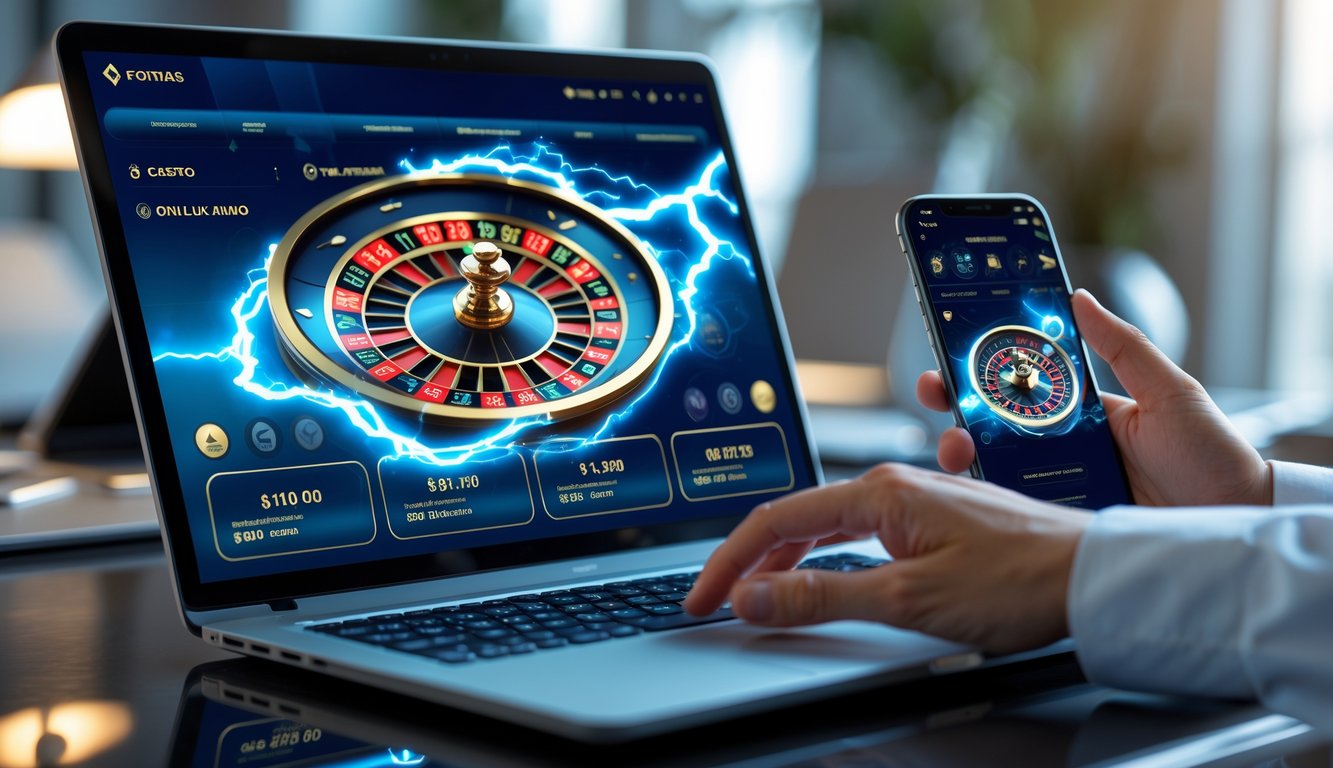 Seseorang menggunakan laptop dan ponsel untuk bermain roulette dengan tampilan permainan yang cerah dan modern.