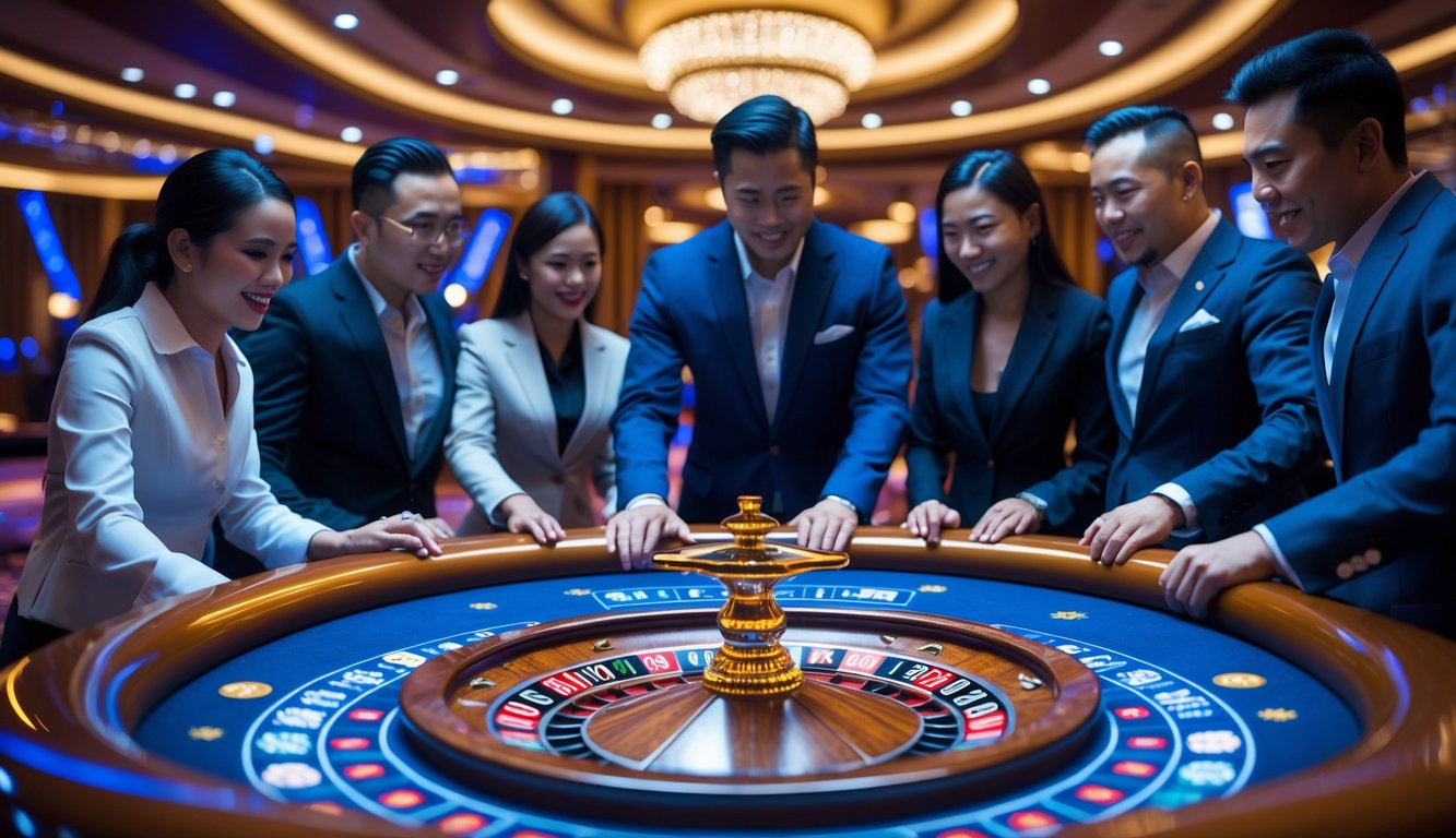 Sejumlah pemain profesional sedang bermain roulette di meja kasino dengan suasana mewah dan pencahayaan hangat.