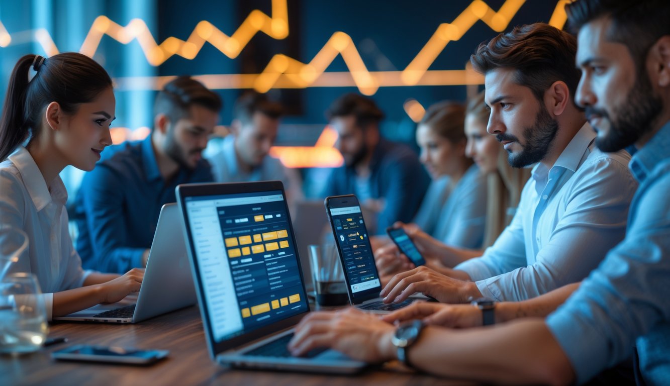 Sekelompok orang menggunakan laptop dan ponsel untuk taruhan online dalam ruangan modern yang terang.