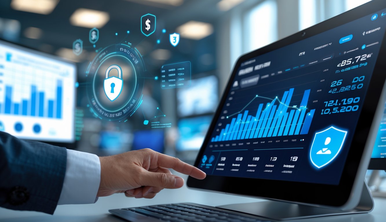 Seorang pria profesional di kantor modern menggunakan layar sentuh digital dengan grafik dan simbol keamanan yang menunjukkan sistem taruhan yang aman dan stabil.