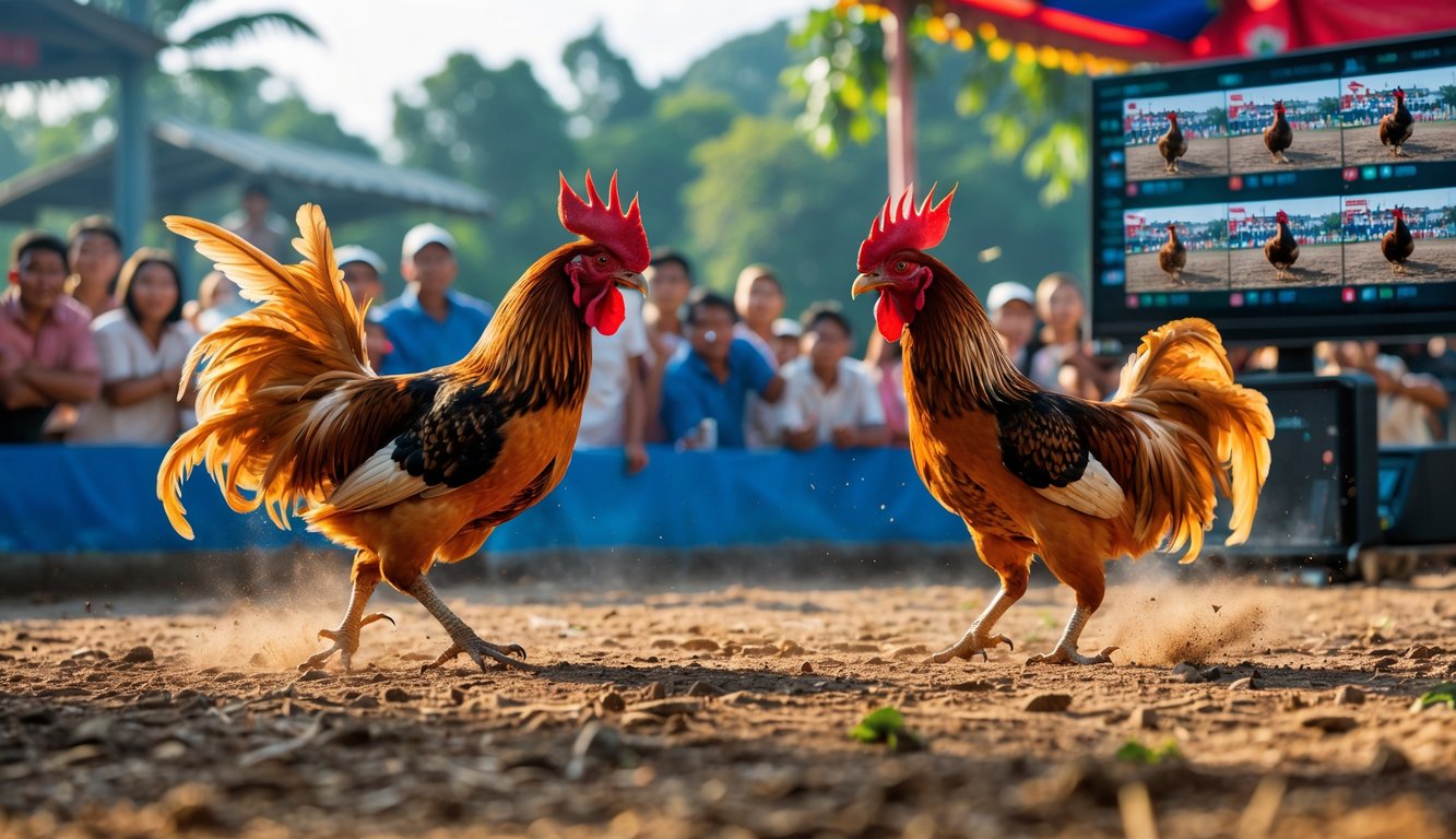 Arena sabung ayam tradisional dengan dua ayam jago bertarung di tengah kerumunan penonton yang antusias dan layar digital menampilkan siaran langsung pertandingan.