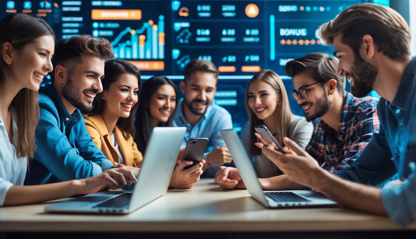 Sekelompok orang muda menggunakan laptop dan ponsel dalam suasana bermain dan berdiskusi tentang agen sabung ayam secara online.