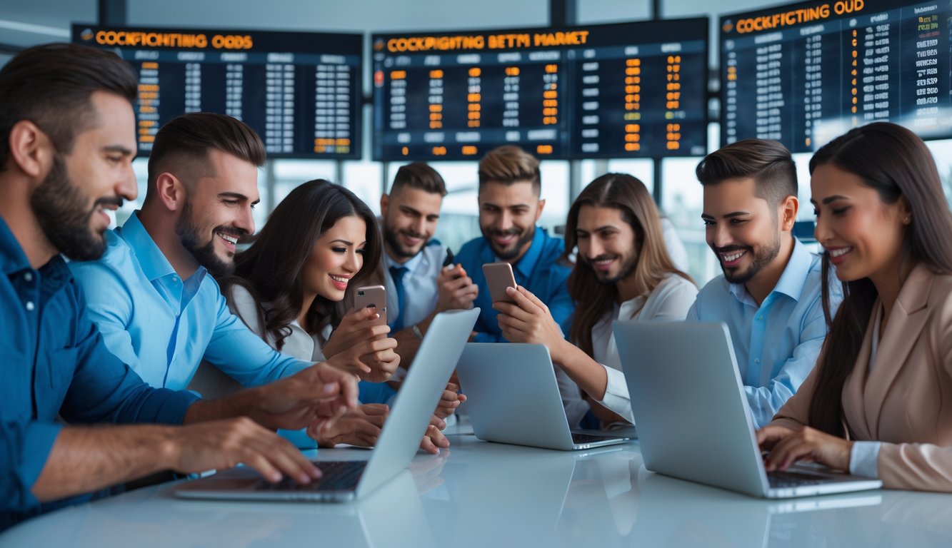 Orang-orang sedang memasang taruhan menggunakan ponsel dan laptop di lingkungan taruhan sabung ayam yang modern dengan layar digital menampilkan data pasar.