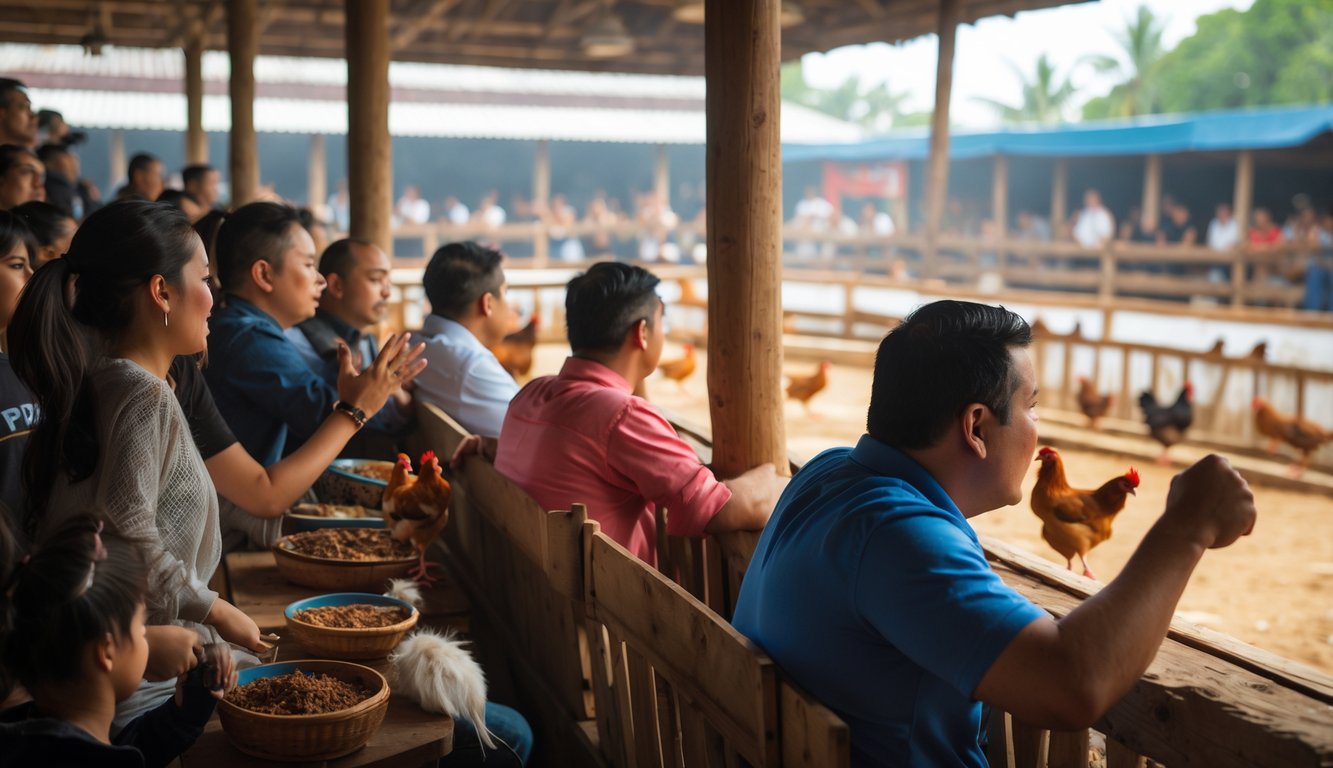 Suasana arena sabung ayam dengan penonton dan pemain yang antusias memperhatikan pertandingan.