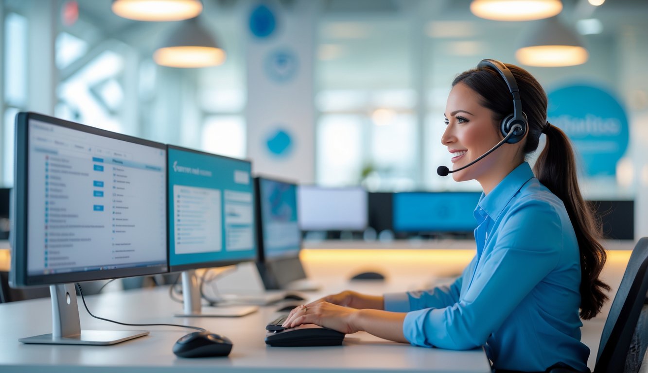 Seorang petugas layanan pelanggan yang ramah sedang bekerja di kantor modern dengan beberapa komputer.