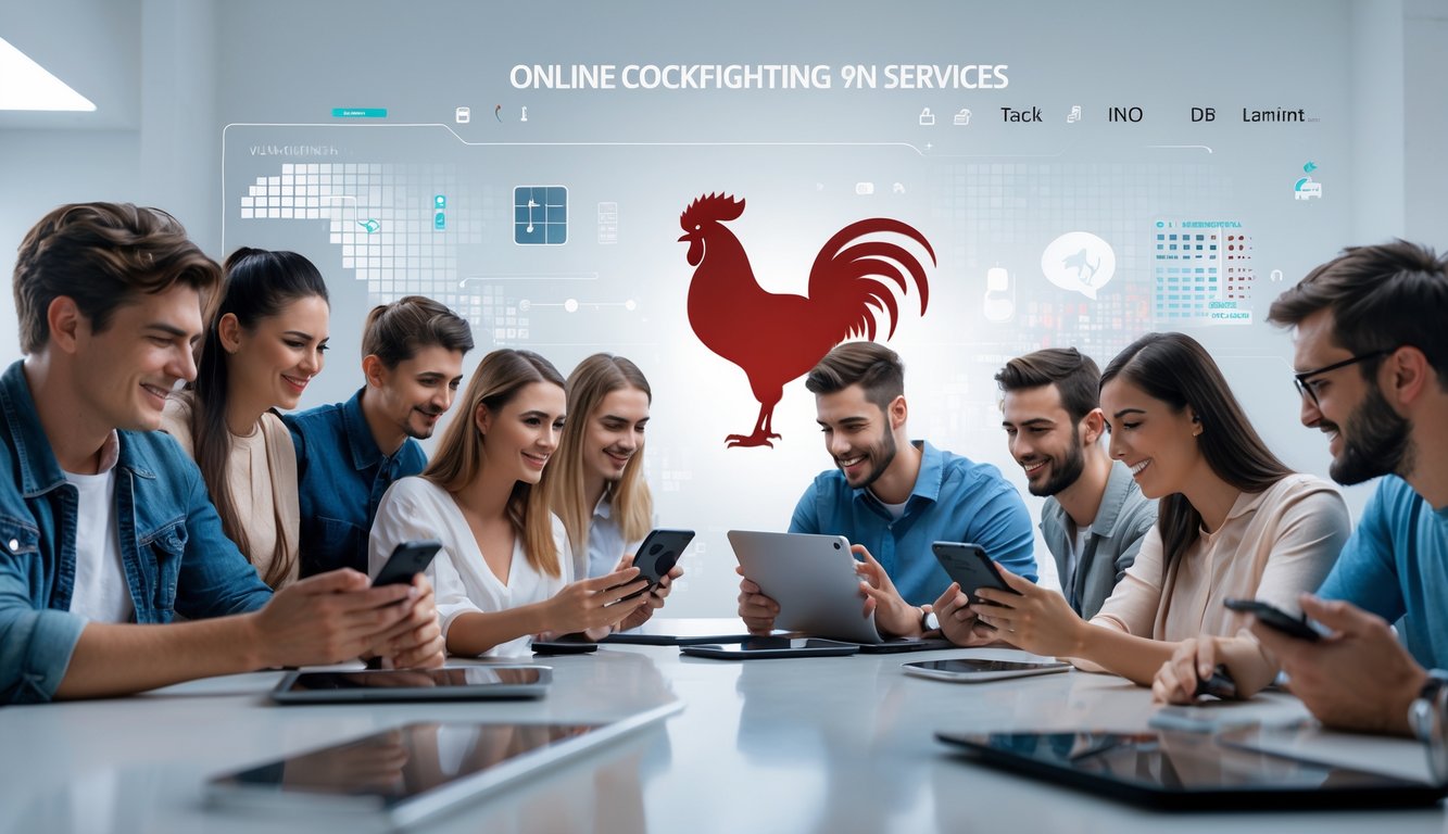 Sekelompok orang muda menggunakan berbagai perangkat digital untuk mengakses layanan taruhan sabung ayam secara online.