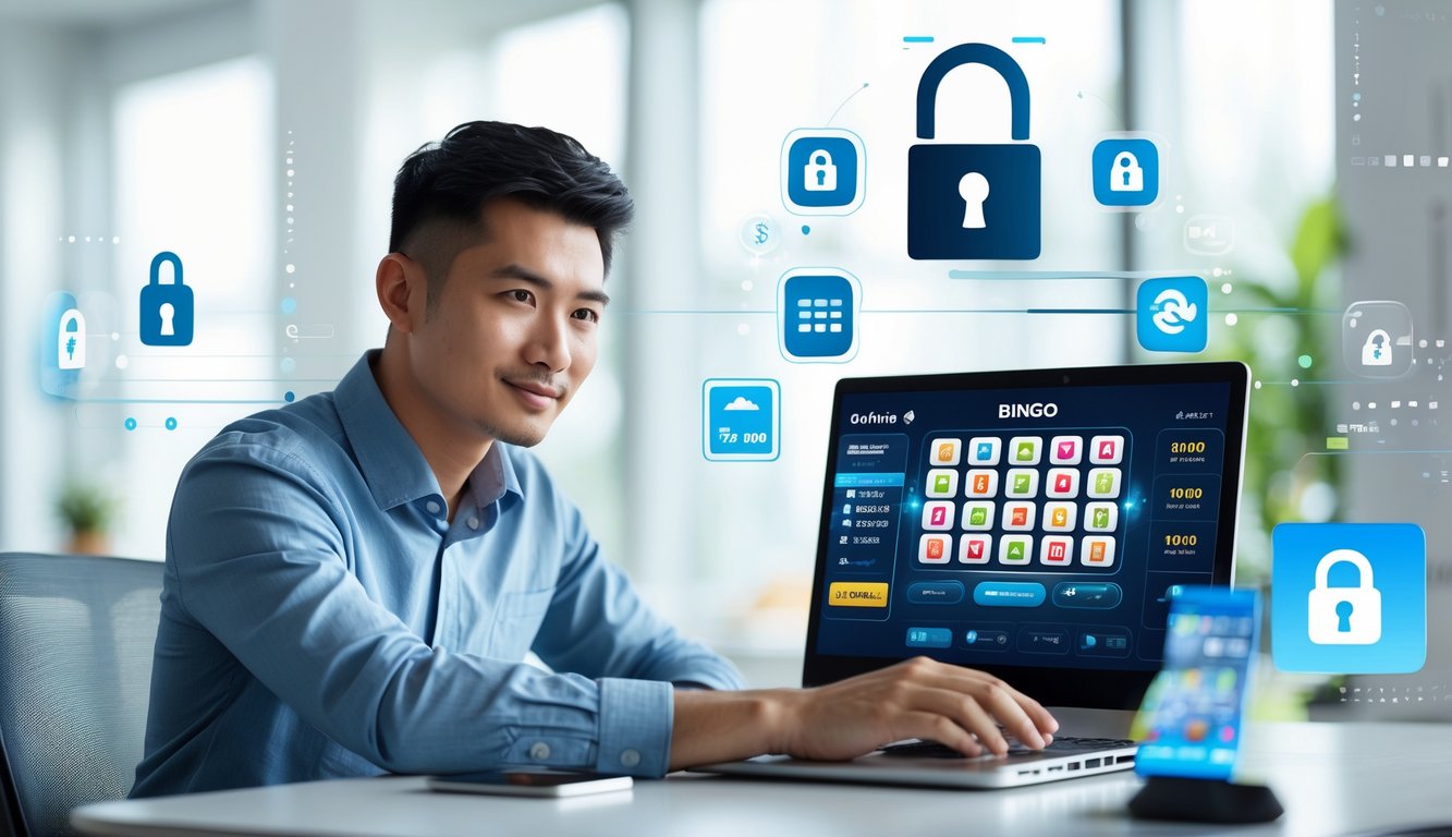 Seorang pria muda duduk di meja dengan laptop, dikelilingi ikon keamanan digital dan pembayaran cepat, di dalam kantor modern yang terang.