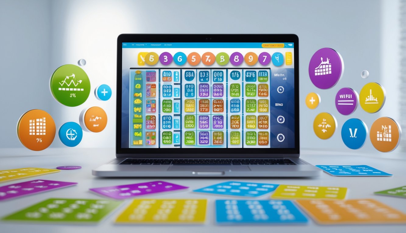 Seseorang menggunakan komputer dengan tampilan permainan bingo online lengkap dan grafik peluang yang menguntungkan di layar.