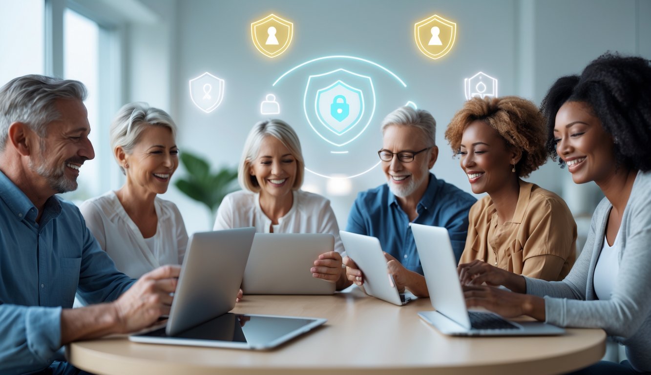 Sekelompok orang bermain bingo online dengan perangkat digital di ruangan yang terang dan nyaman, menampilkan suasana aman dan menyenangkan.