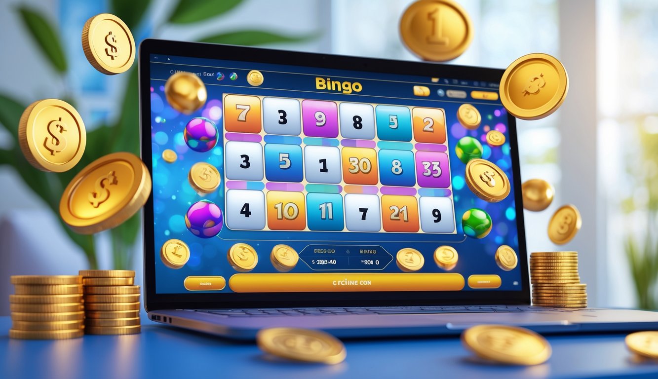 Seorang pengguna sedang bermain bingo online di komputer dengan latar belakang yang cerah dan elemen hadiah di sekitarnya.