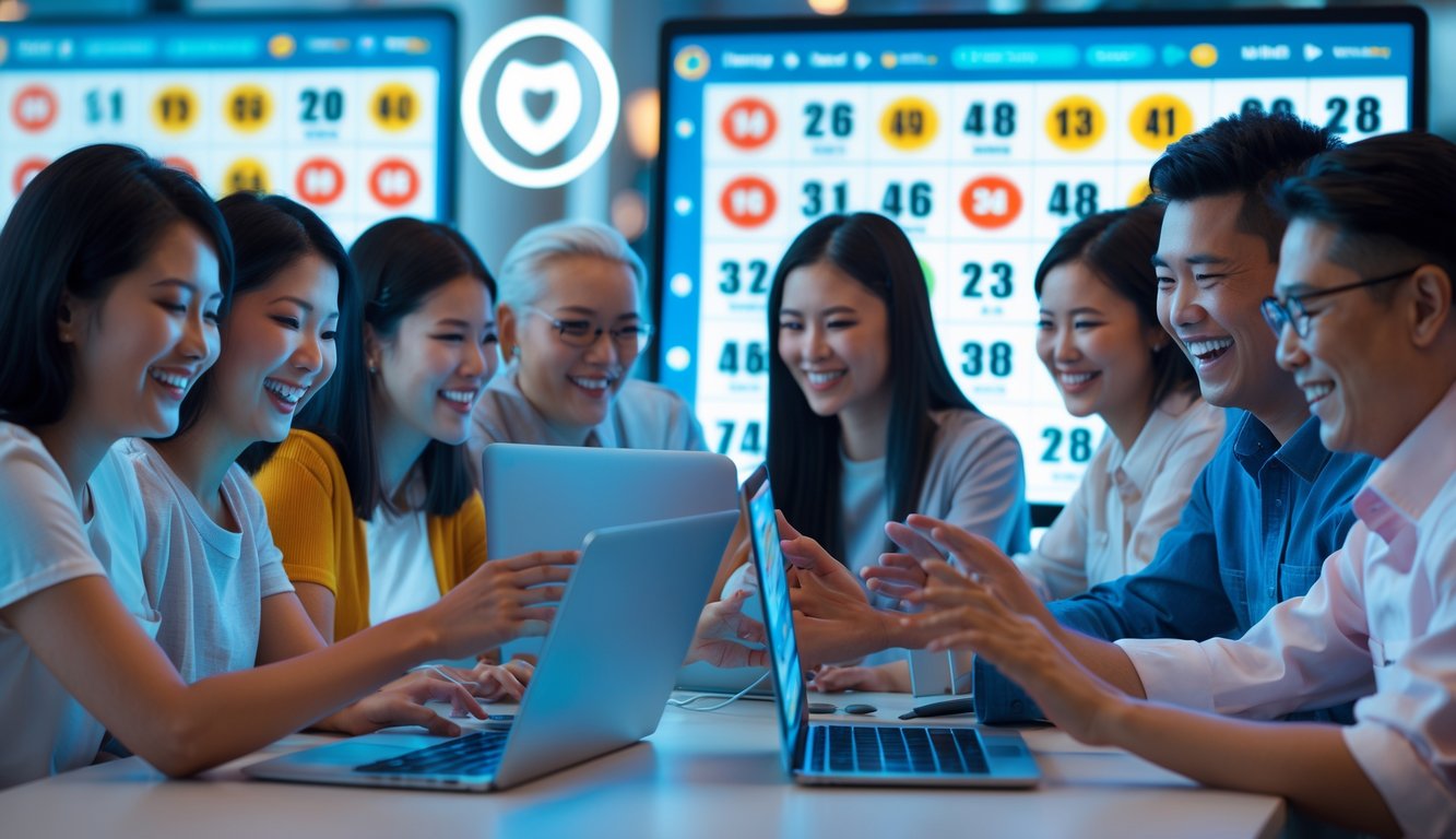 Sekelompok orang Asia bermain bingo online dengan perangkat digital dalam suasana ceria dan percaya diri.