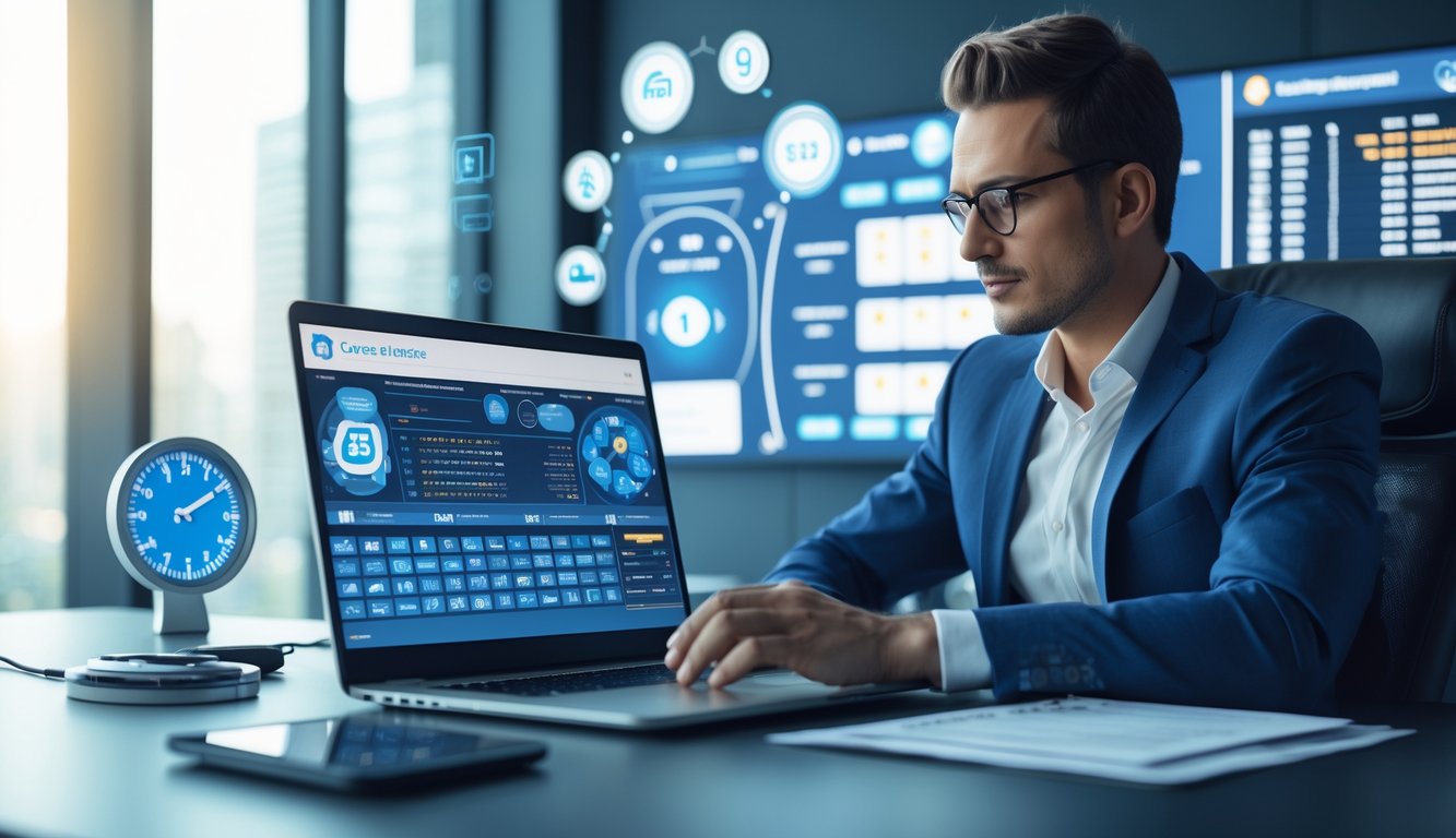 Seorang pebisnis profesional duduk di meja kantor modern, fokus melihat layar laptop dengan data dan grafik terkait taruhan togel, suasana menunjukkan kepercayaan dan kecepatan pembayaran.