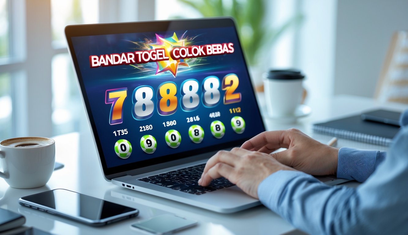 Seseorang menggunakan laptop dengan tampilan grafik angka lotere dan perangkat di meja kerja yang rapi.