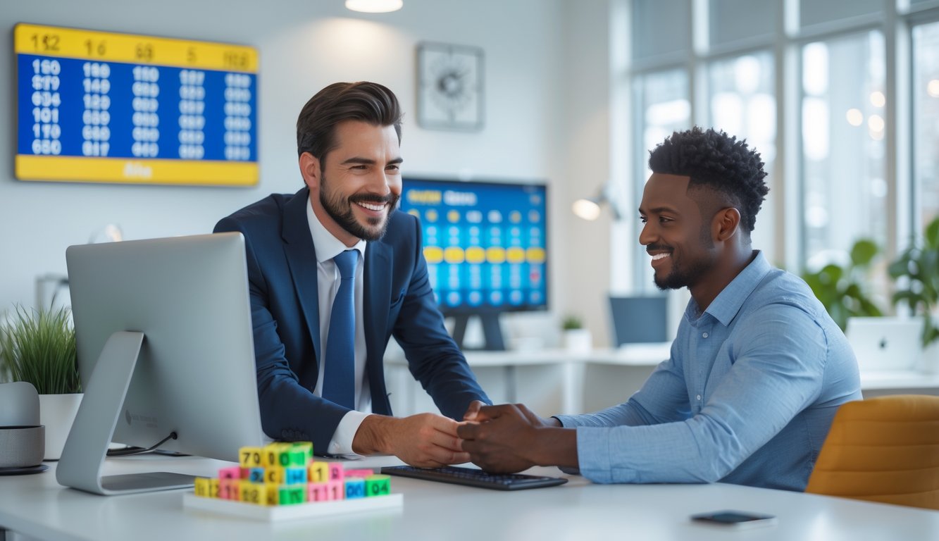 Seorang agen togel sedang membantu pelanggan muda di kantor yang rapi dan terang dengan tampilan digital angka togel di latar belakang.