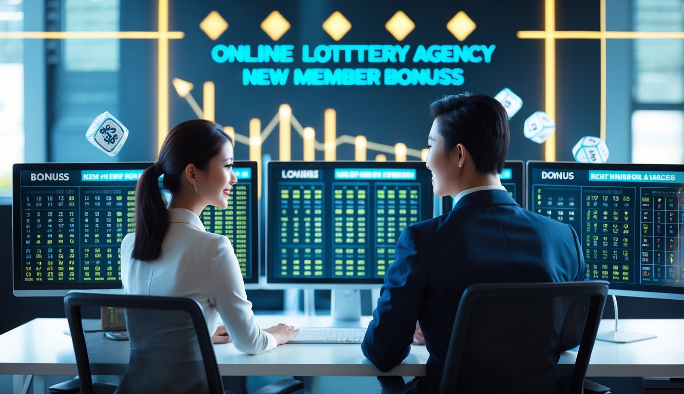 Dua orang profesional sedang bekerja di kantor dengan layar komputer menampilkan angka dan grafik lotere.