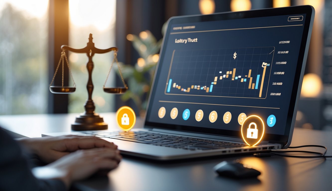 Sebuah meja kerja modern dengan komputer yang menampilkan antarmuka permainan lotere online, dilengkapi simbol keamanan dan keadilan seperti timbangan dan gembok digital.