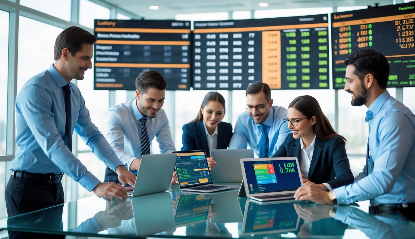 Sekelompok profesional sedang bekerja bersama di kantor dengan perangkat digital yang menampilkan data pasar togel secara akurat.