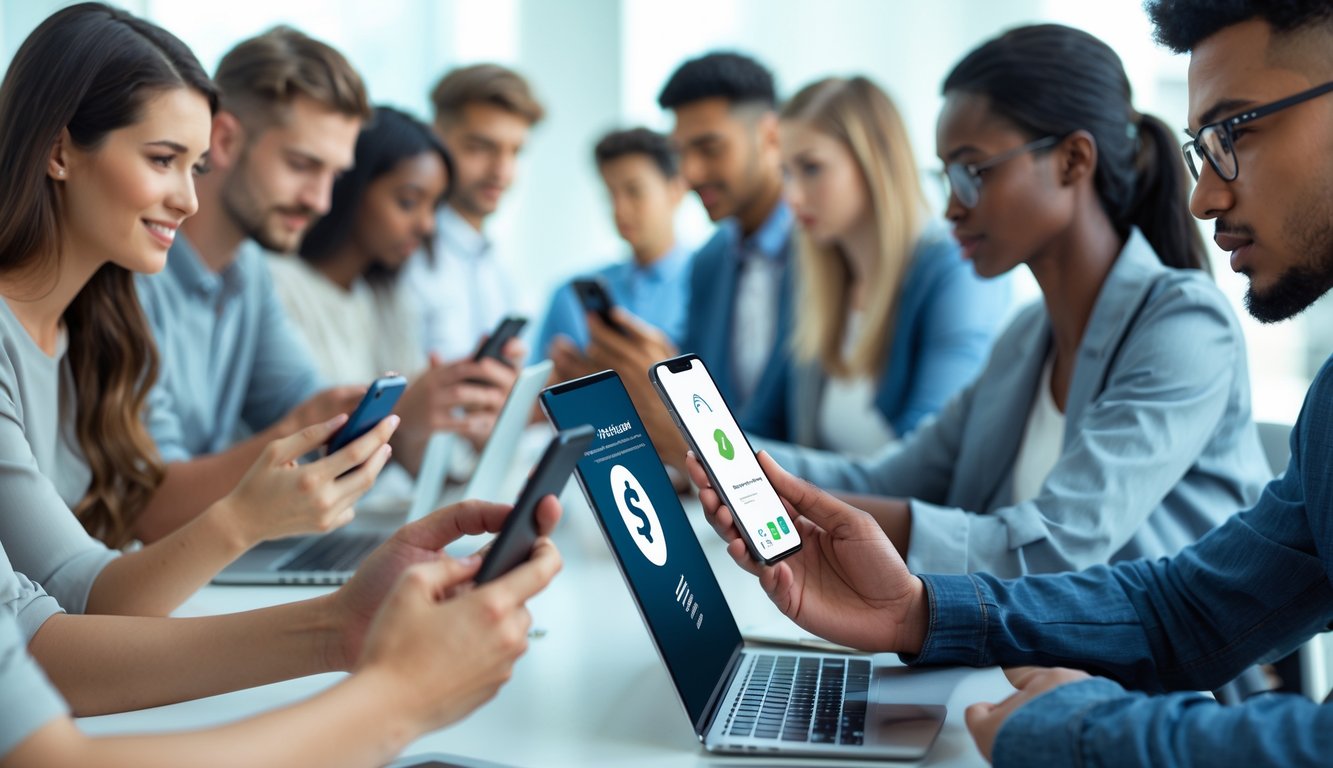 Beberapa orang muda menggunakan ponsel dan laptop untuk melakukan transaksi keuangan digital di lingkungan yang terang dan modern.