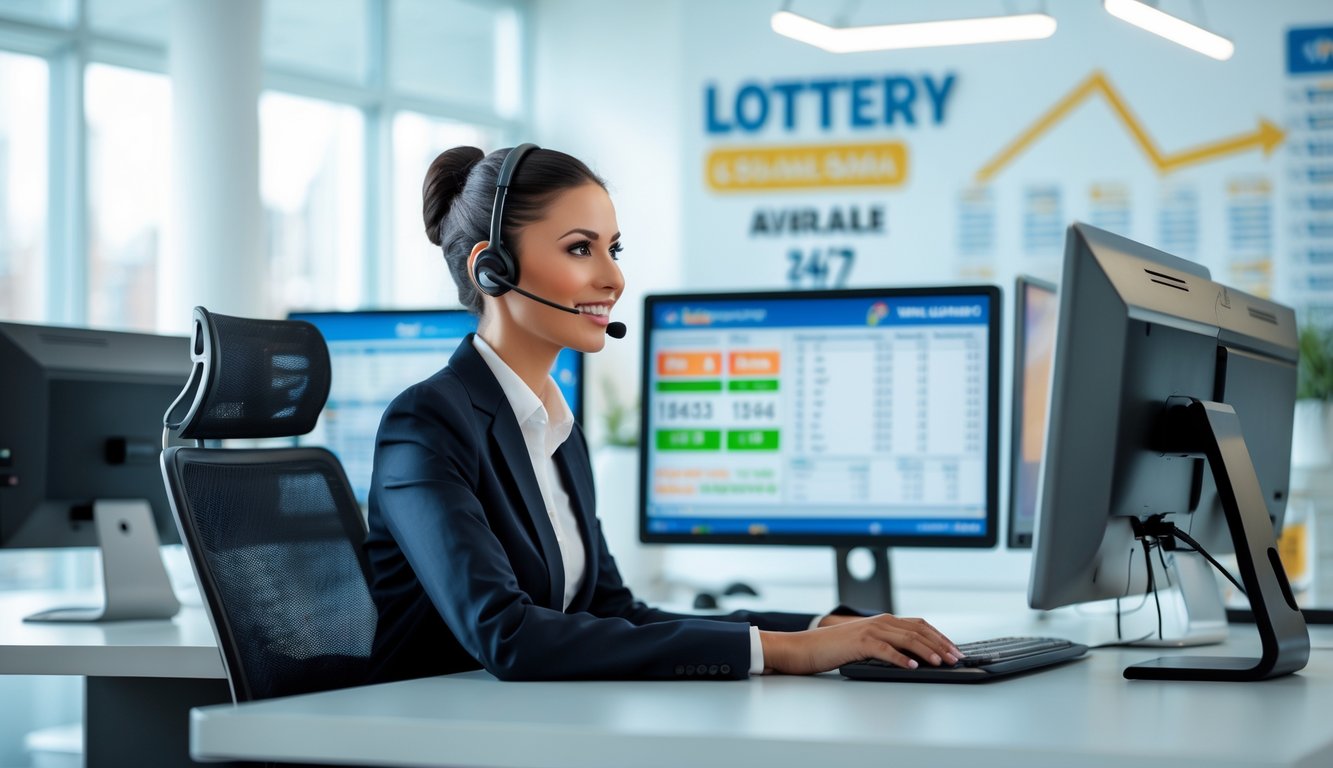 Seorang petugas layanan pelanggan sedang bekerja di kantor modern dengan beberapa monitor komputer.