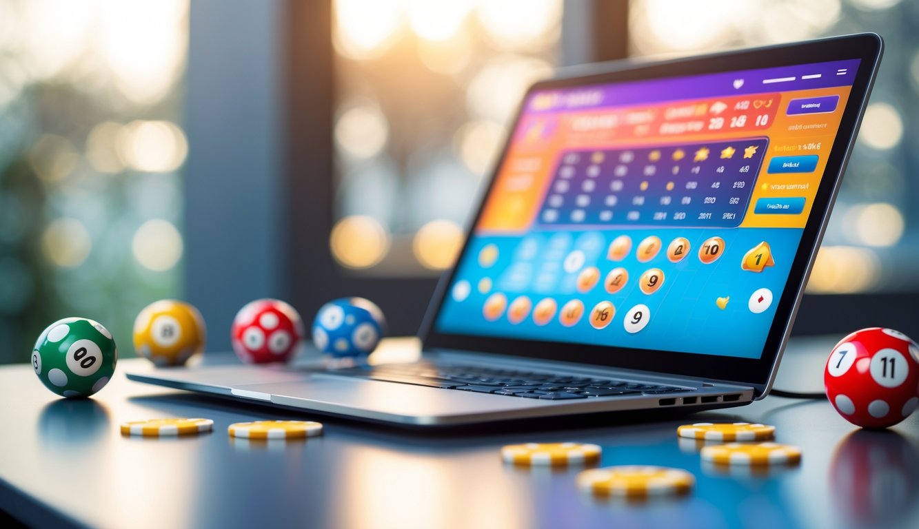 Sebuah meja dengan komputer yang menampilkan antarmuka permainan lotere online, dikelilingi bola lotere, dadu, dan chip poker.