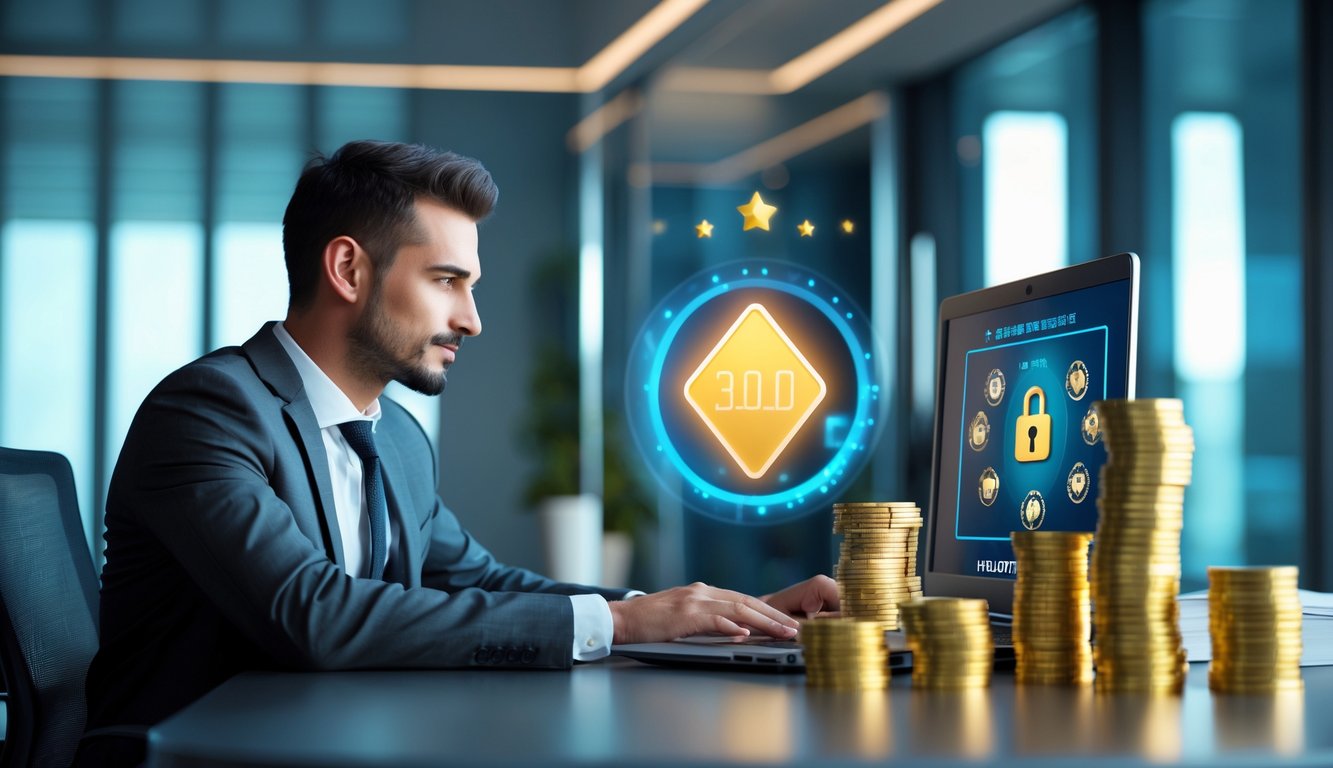 Seorang pebisnis duduk di meja kantor modern menggunakan laptop untuk transaksi online yang aman dengan tumpukan uang di meja.