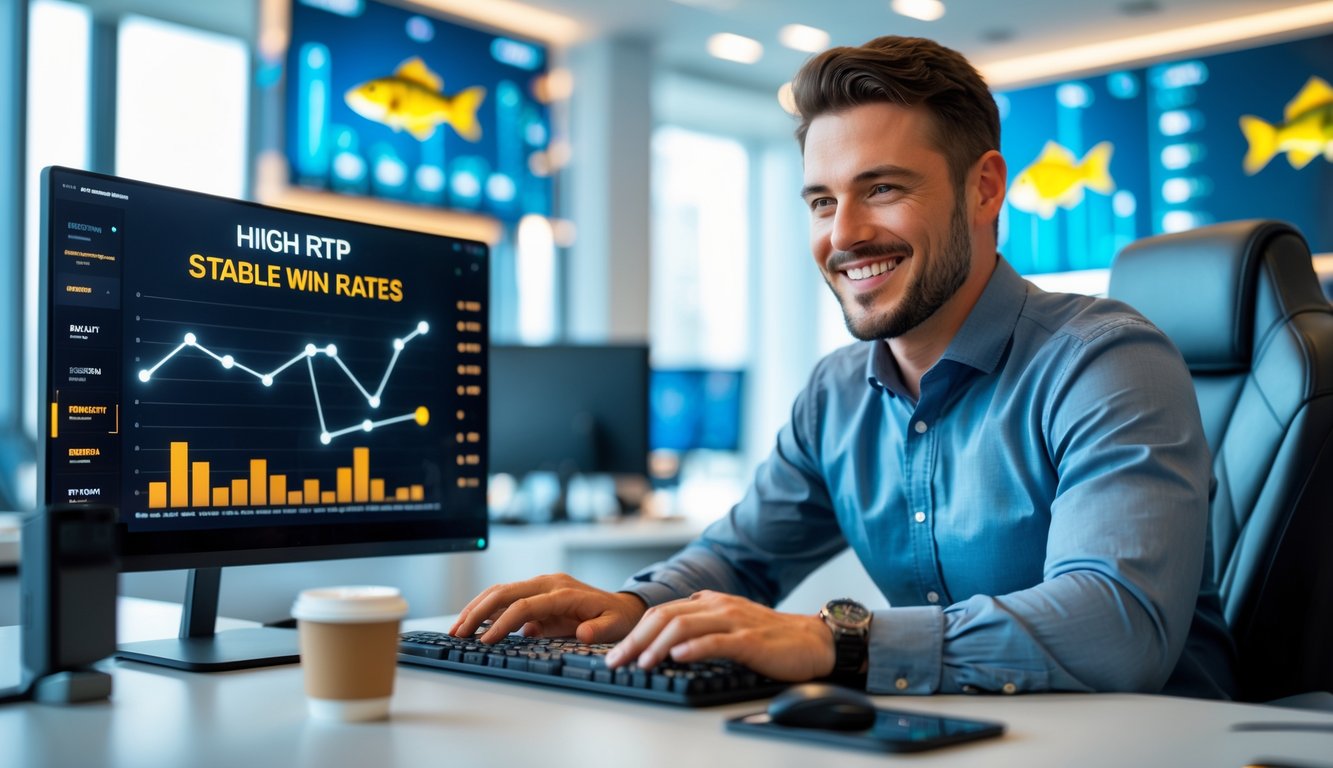 Seorang pria tersenyum di kantor modern, fokus pada layar komputer dengan grafik dan ikon bertema memancing yang menunjukkan keberhasilan dan kepercayaan dalam bisnis permainan daring.