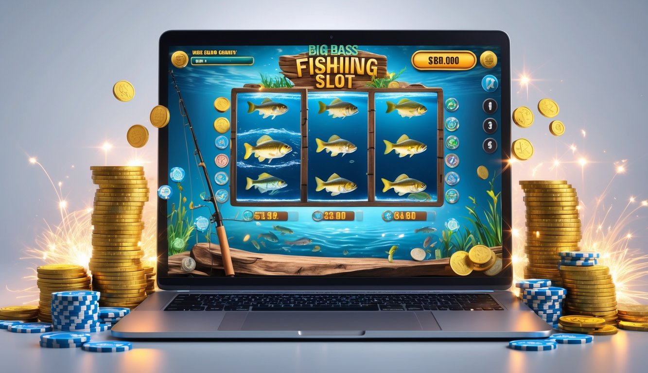 Layar komputer menampilkan permainan slot memancing bass dengan tumpukan koin dan chip kasino di sekitarnya.