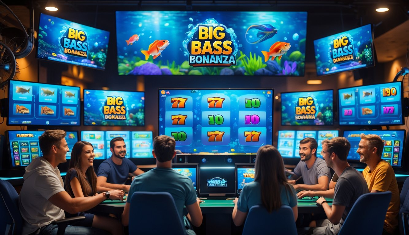 Sekelompok pemain slot dengan berbagai latar belakang sedang bermain game slot bertema memancing di sebuah ruangan dengan layar komputer dan suasana yang ceria.