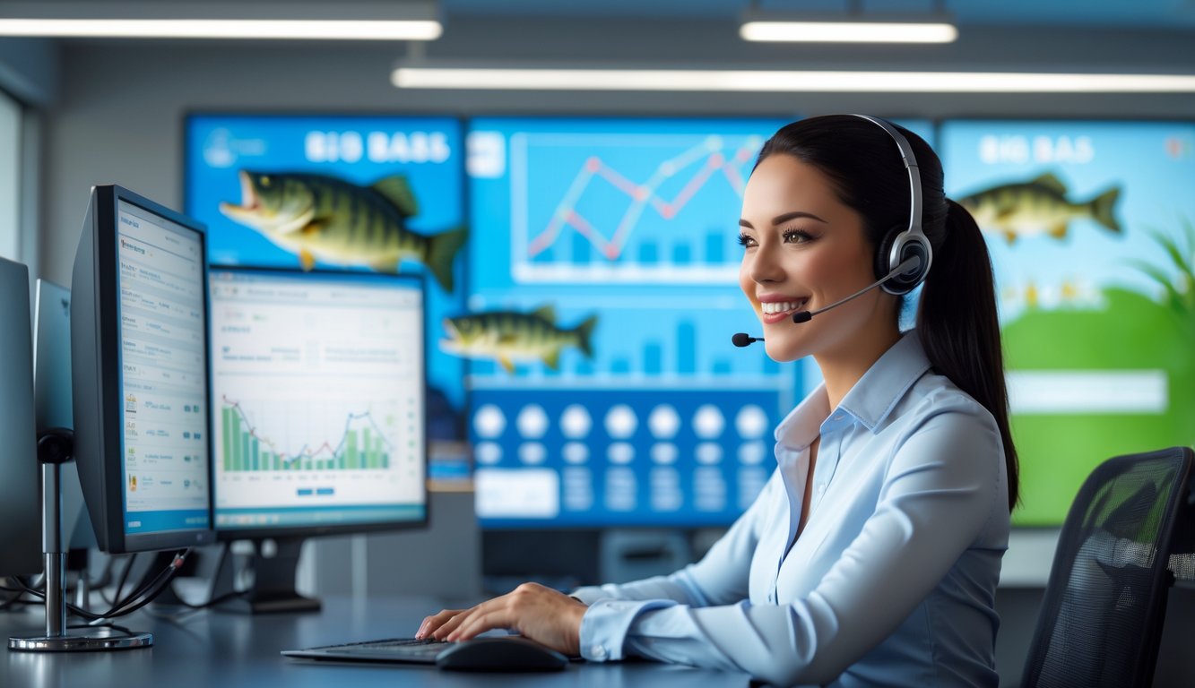 Seorang perwakilan layanan pelanggan yang tersenyum duduk di depan komputer dengan layar menampilkan grafik keuangan dan ikon transaksi aman, di ruang kantor modern dengan elemen ikan bass besar di latar belakang.
