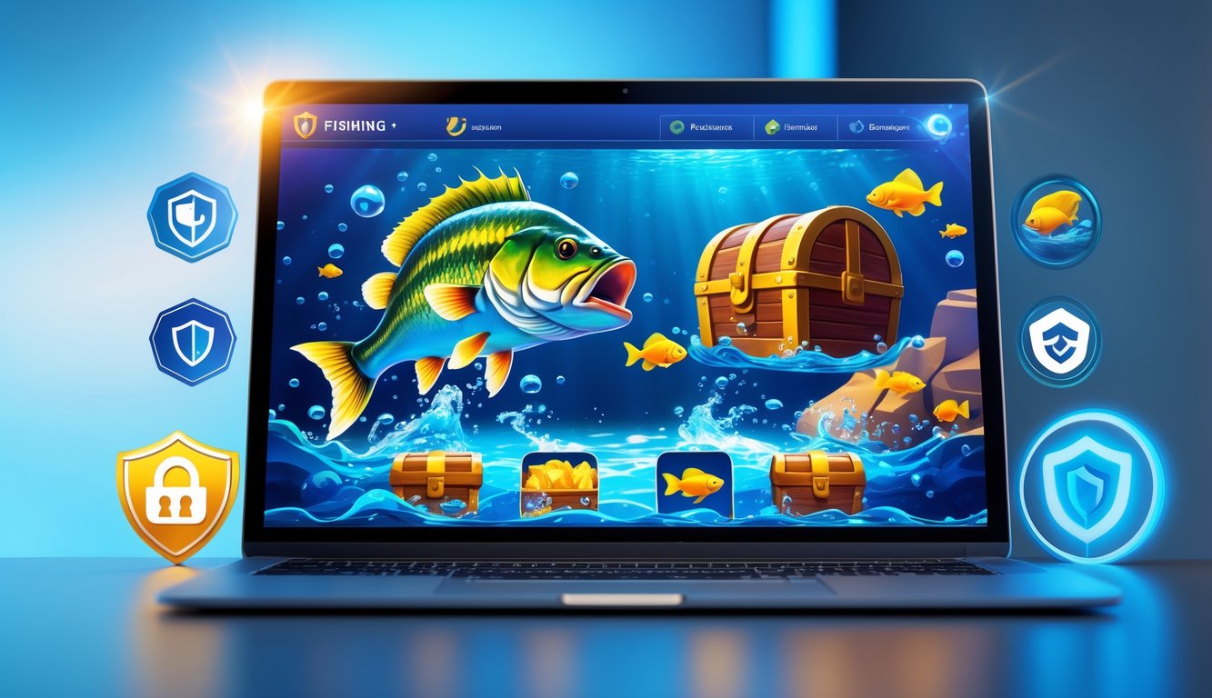 Layar komputer menampilkan permainan slot bertema memancing dengan ikan bass besar dan harta karun di bawah air.