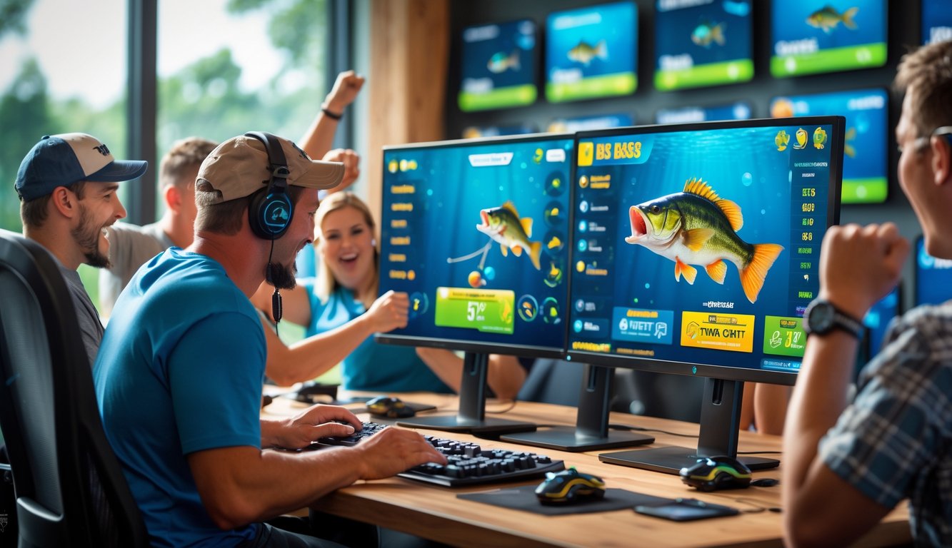 Orang-orang bermain game memancing bass besar secara online dengan komputer dan layar yang menampilkan grafik ikan bass dan papan skor turnamen.