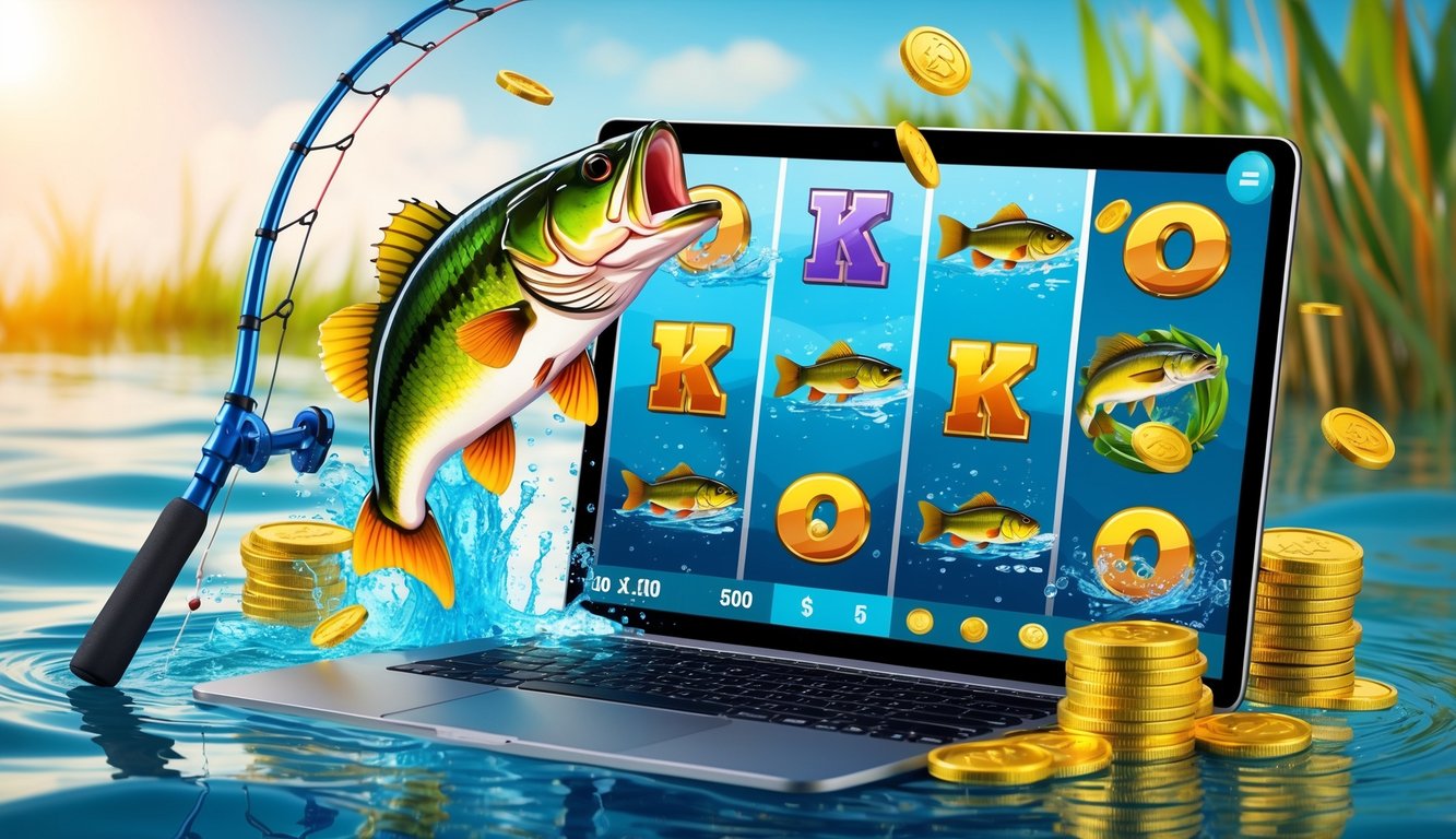 Tampilan layar permainan slot online bertema memancing ikan bass besar dengan ikan, alat pancing, dan koin emas di sekitar layar perangkat modern.