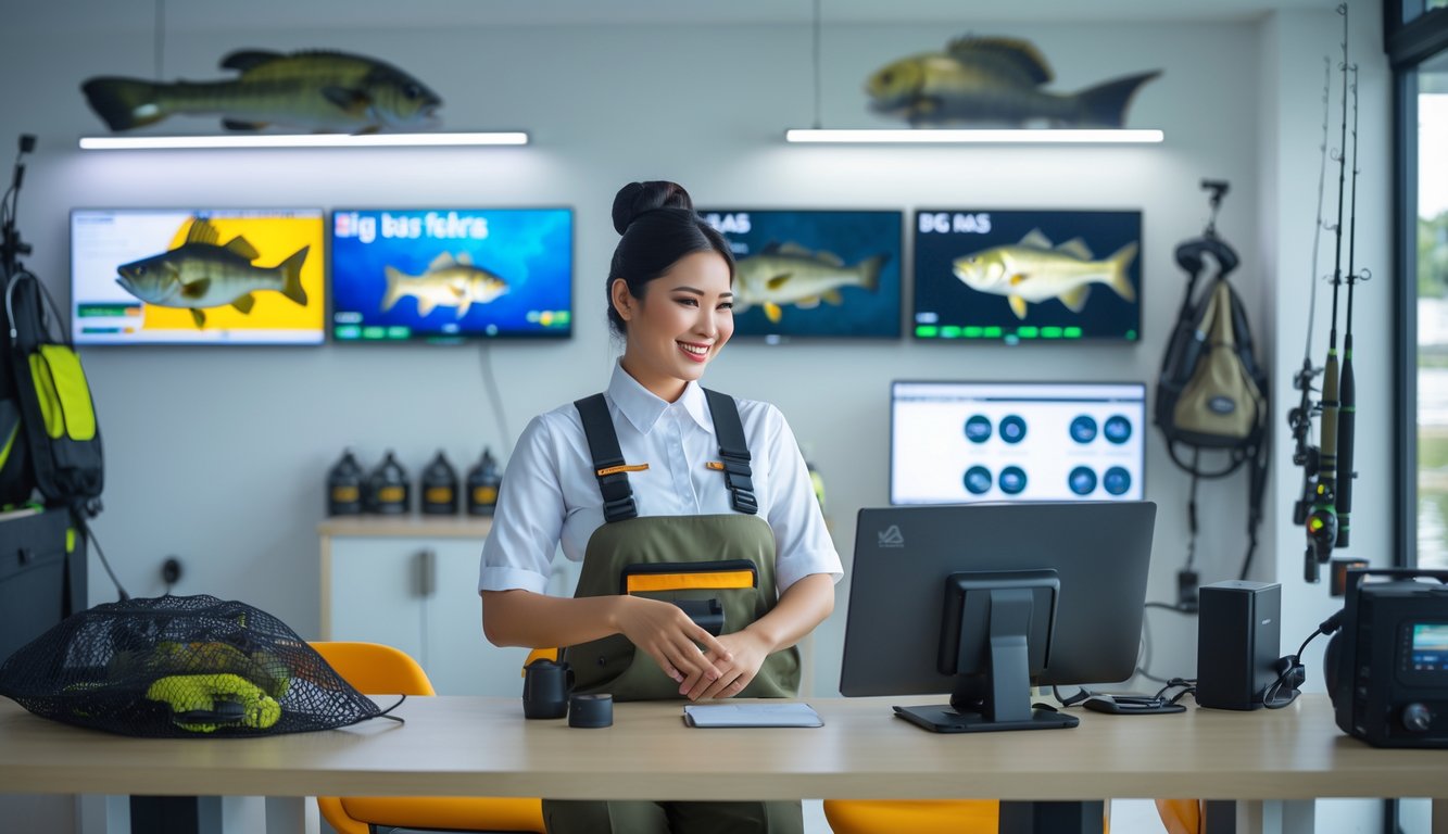 Sebuah kantor agen memancing di Indonesia dengan staf profesional melayani pelanggan di ruang kerja yang rapi dan terang.