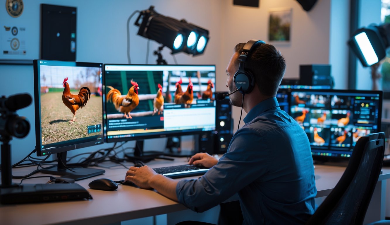 Seorang profesional sedang mengelola siaran langsung pertandingan sabung ayam dengan peralatan streaming di ruangan yang teratur dan terang.