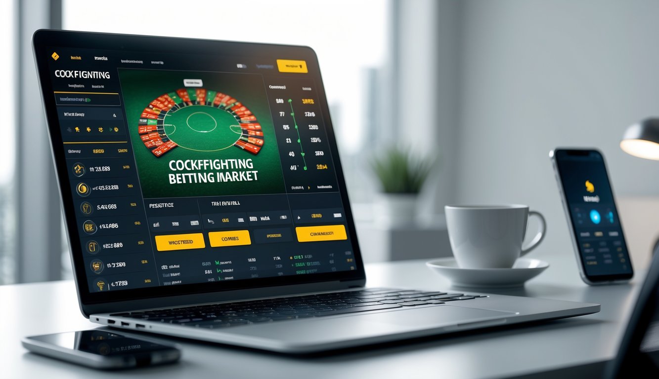 Sebuah ruang kerja modern dengan komputer yang menampilkan antarmuka terkait pasar taruhan sabung ayam.