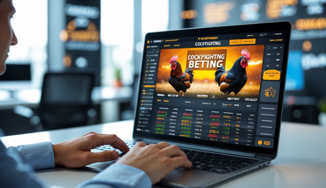 Orang menggunakan komputer di meja kerja dengan tampilan layar taruhan sabung ayam online yang modern dan profesional.
