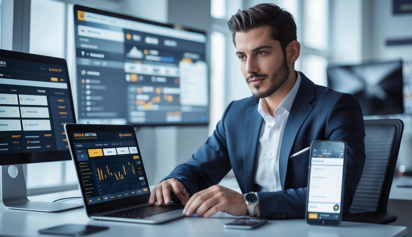 Seorang profesional sedang bekerja di kantor modern dengan perangkat digital, fokus pada analisis data dan layanan agen online.