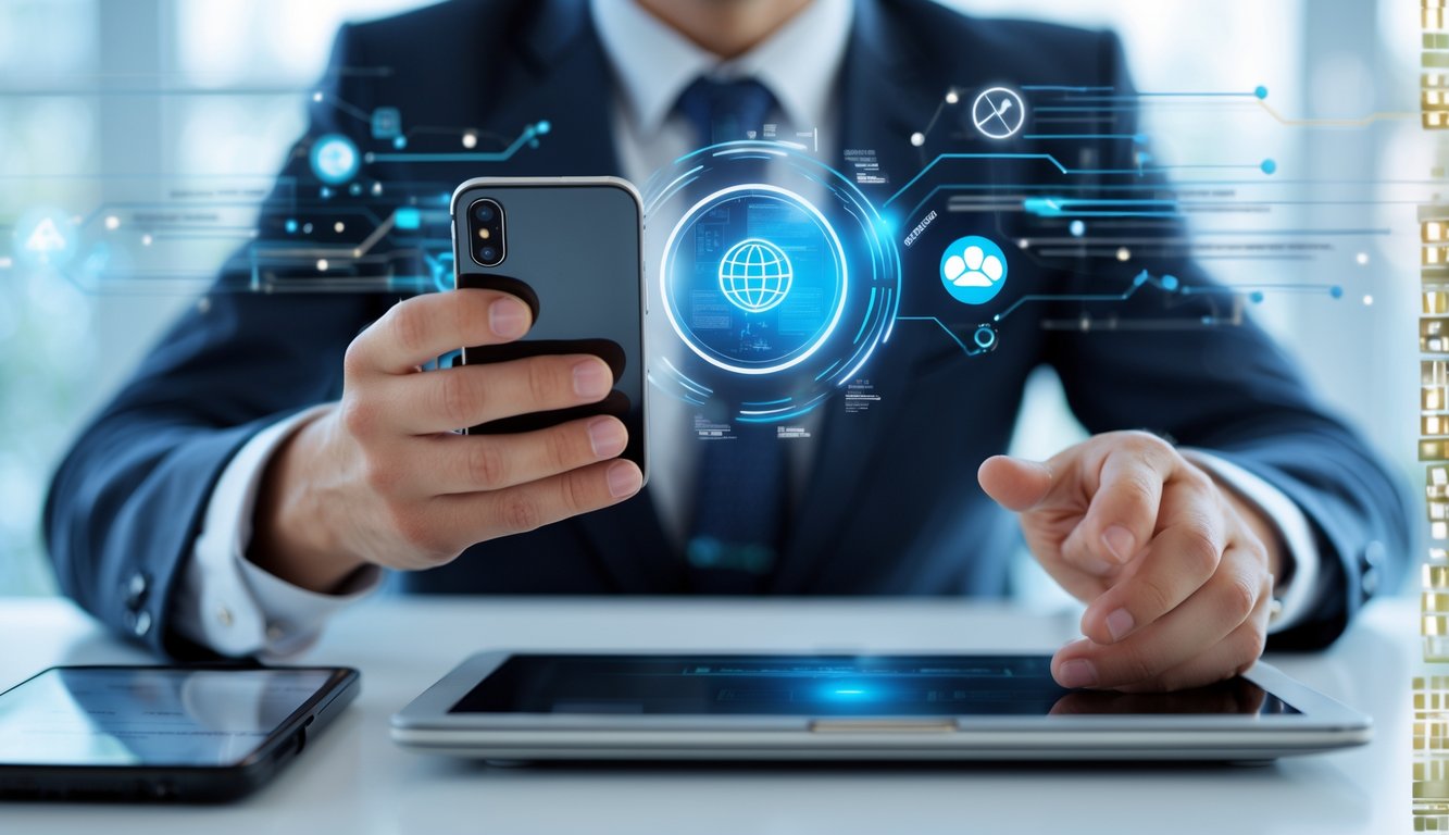 Seorang profesional menggunakan ponsel dan laptop di kantor modern dengan ikon transaksi digital di sekitarnya.