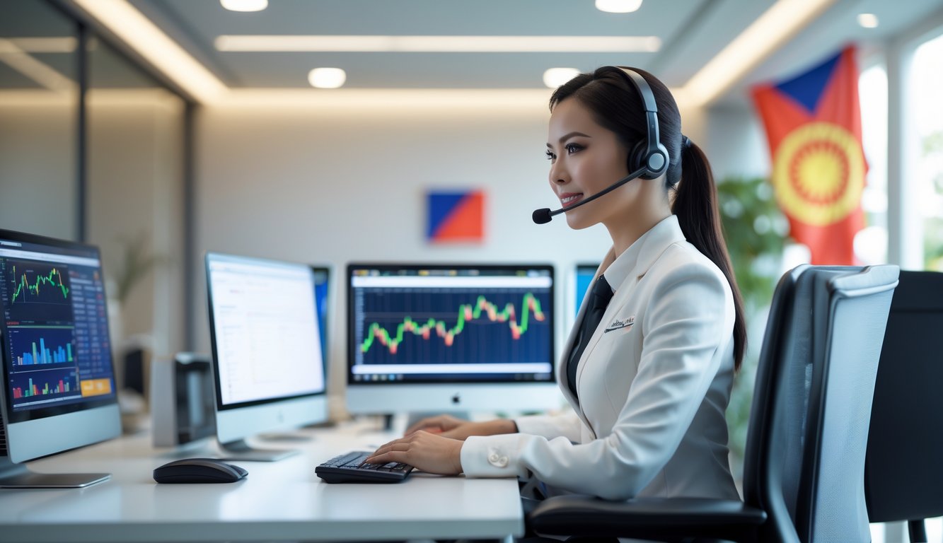 Seorang petugas layanan pelanggan duduk di meja dengan beberapa layar komputer di kantor modern, menunjukkan layanan agen resmi SV388 Indonesia yang tersedia 24 jam.