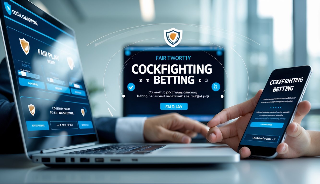 Seseorang menggunakan laptop dan ponsel di kantor modern yang terang, menampilkan sistem taruhan sabung ayam yang terpercaya dan adil.