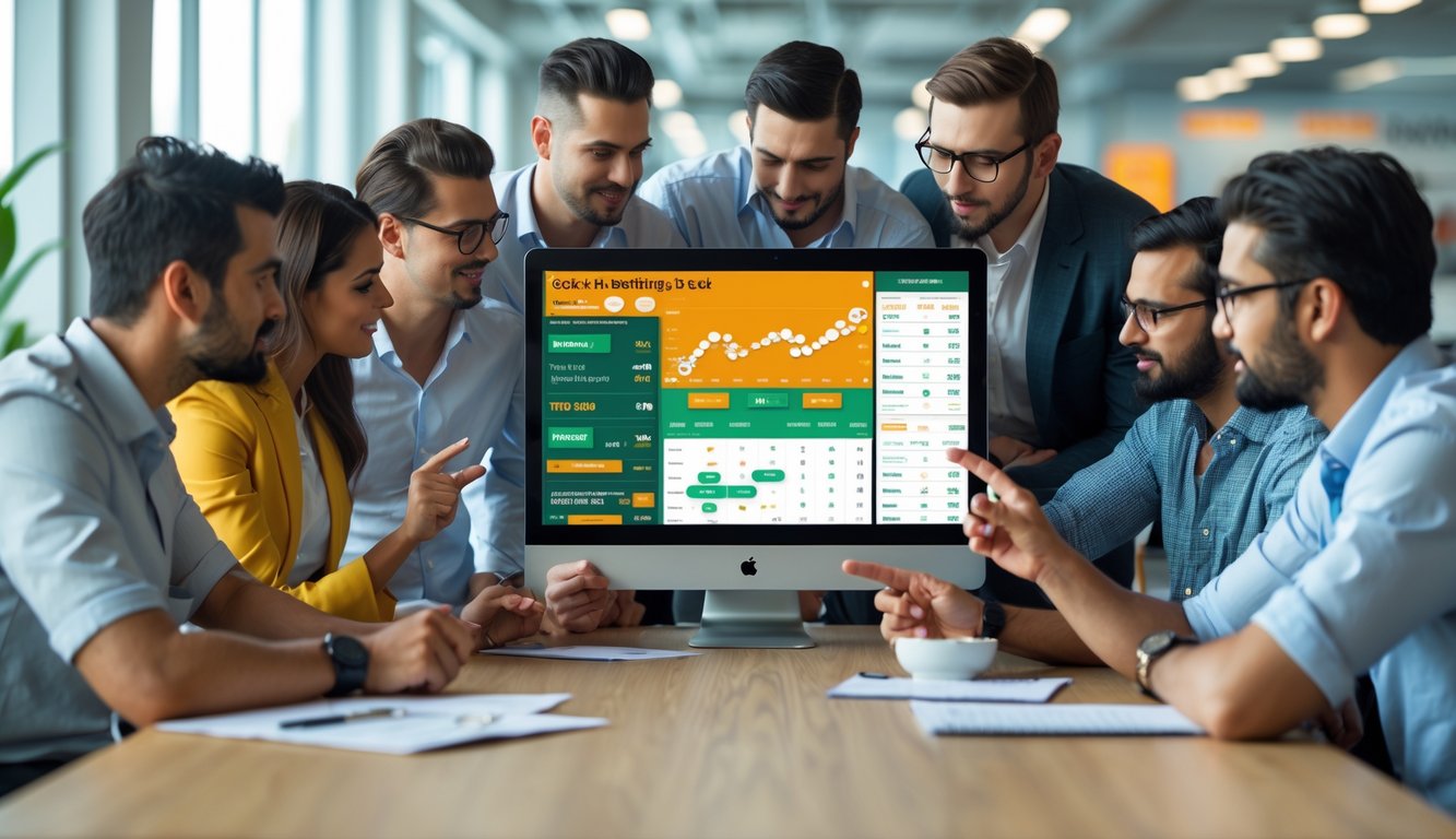 Sekelompok orang sedang berdiskusi dan melihat layar perangkat digital yang menampilkan platform taruhan sabung ayam, di dalam ruangan kantor yang terang dan modern.